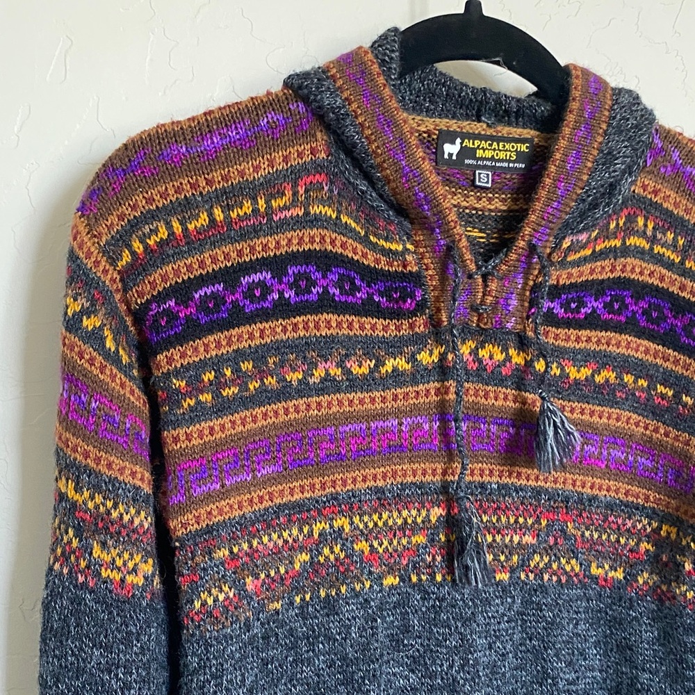 Alpaca Exotic Imports Men's Gray Multicolor Hooded Knit Sweater Size S - Picture 4 of 5